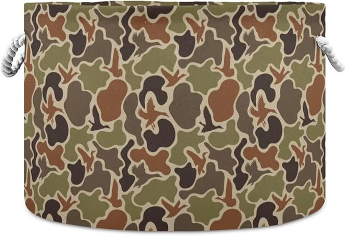 Duck Hunter Camo Collapsible Round Storage Basket with Handles | Camouflage Print Large Laundry Baskets Hamper, Clothes Organizer Bin for Bedroom Living Room Decor, 20x 20x 14 Inches