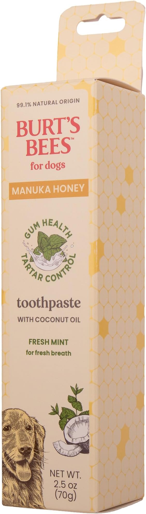 Burt's Bees for Pets Toothpaste for Dogs with Manuka Honey and Coconut Oil for Gum Health & Tartar Control, 99.1% Natural Origin Formula, Fresh Mint Flavor, 2.5 oz