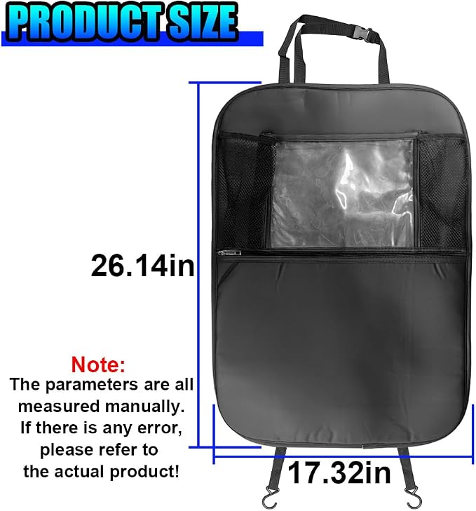 Car Kick Mats Back Seat Protector, Multifunctional Leather Car Rear Seat Hanging Storage Bag, Easy-to-Clean Auto Interior Backseat Organizer Accessory for SUVs, Trucks, Cars (Black)