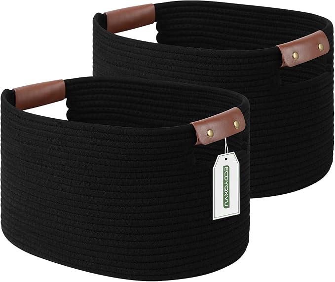 ECDYQXVU 15x10x9 Black Woven Cotton Rope Storage Basket Handles 2 Pack | Foldable Design, Leather Handles, Easy to Clean Organizer for Living Room, Closet, Shelves, Bedroom, Laundry, Clothes