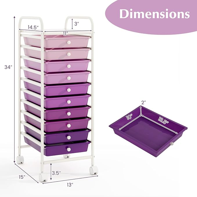 10 Drawer Rolling Storage Cart, Organization Cart on Drawers for Craft Makeup Paper Tool Art Supply, Versatile Utility Cart on Wheels for Home Office Classroom School (Gradient Purple)
