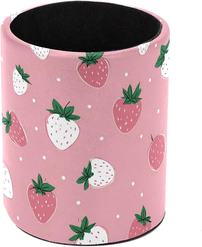 Faux Leather Pen Holder for Desk, Pencil Organizer Pink Strawberries Pen Cup Desk Decor Makeup Brush Holder Storage for Office Home