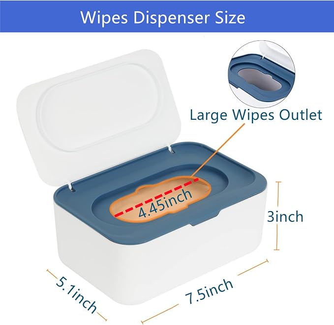 Wipes Dispenser Set,1 Wipe Box & 2 Portable Pouches,White Blue | Refillable Reusable Large Wet Wipe Holder, Flushable Wipes Case Bathroom Wipes Container for Pet Nursery Kitchen Office
