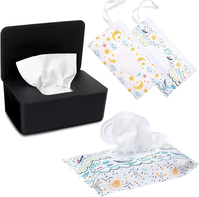 Wipes Dispenser Set,1 Wipe Box & 2 Portable Pouches,Black | Refillable Reusable Large Wet Wipe Holder, Flushable Wipes Case Bathroom Wipes Container for Pet Nursery Kitchen Office