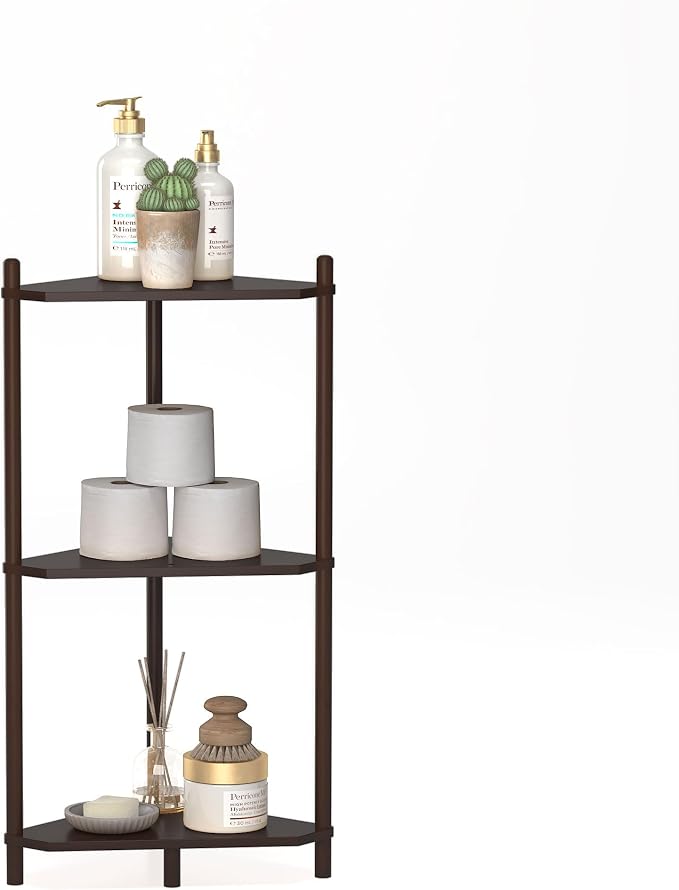 Wisuce Brown Small Corner Shelf Stand, 3-Tier Bamboo Corner Bookshelf | Space-Saving Narrow Corner Shelf | Bathroom Corner Shelf | Shelves for Bedroom, Living Room, Kitchen & Plant Display
