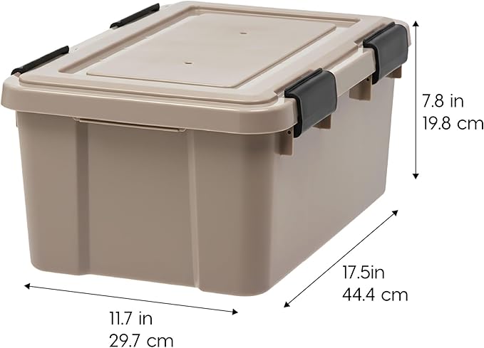 IRIS USA 6-Pack 19 Qt Storage Bins with Gasket Lids, Tan | WeatherPro seal protects shoes, crafts, documents and supplies from dust and moisture