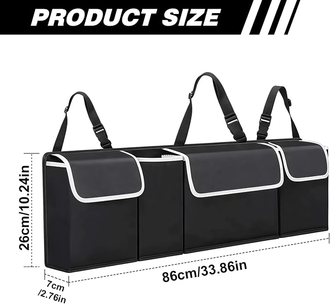 Car Trunk Organizer, Trunk Hanging Large Storage with Adjustable Straps, Waterproof Collapsible Cargo Storage Bag with 4 Pockets, Car Interior Accessories for SUV, Truck