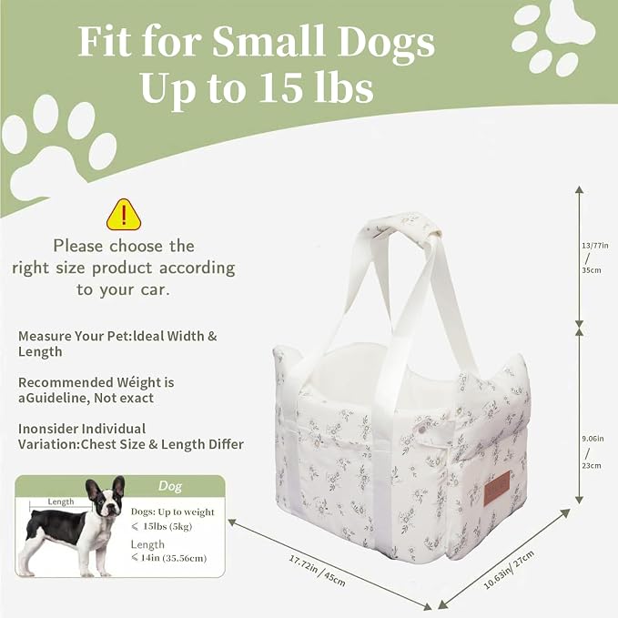 Center Console Dog Car Seat for Small Dogs (Off White) | 5 to 15 lbs, Pet Travel Booster Seat with Safety Leash, Detachable Seat Belt, and Storage Pockets
