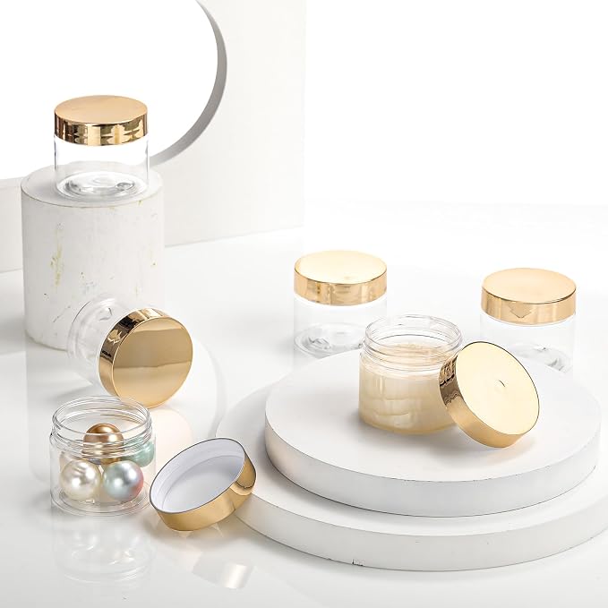 Patelai 60 Pcs Plastic Jars with Lids Round Clear Cosmetic Container Jars Leakproof Plastic Jar for Storing Dry Food Toiletries Lotion Ointments Makeup Rhinestone Samples Kitchen Storage(Gold,2 oz)