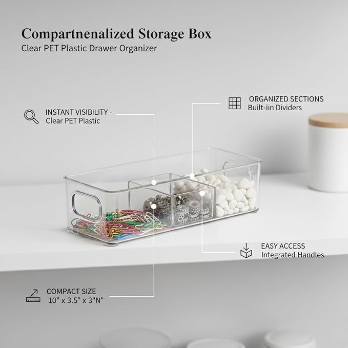 Clear PET Plastic Drawer Organizer with Dividers, Compartmentalized Storage Box for Small Items, 10 x 3.5 x 3 Inches