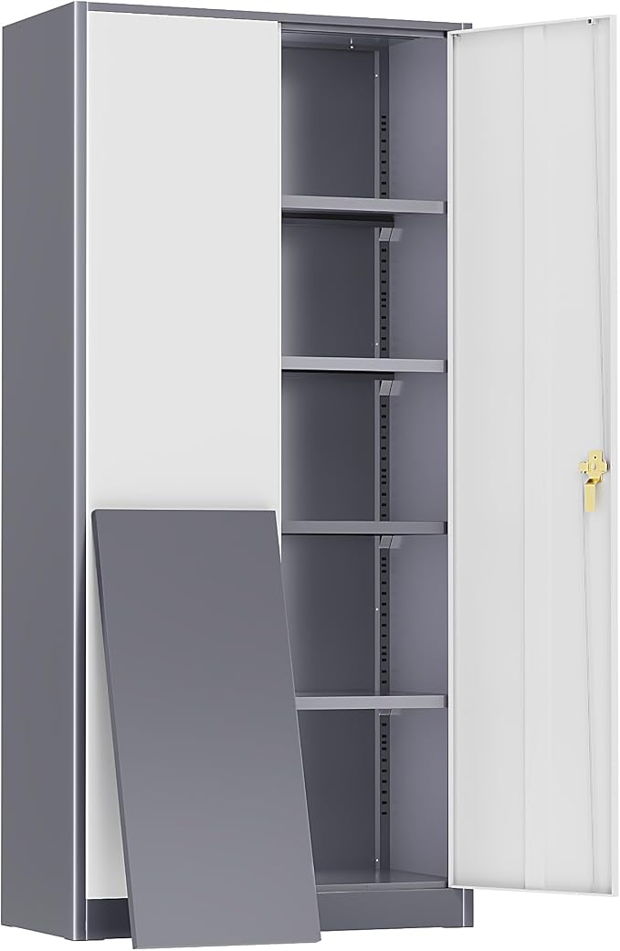 Greenvelly Metal Storage Cabinet, 72" Locking Metal Garage Storage Cabinet with Doors and 4 Adjustable Shelves, Lockable Steel Cabinet for Home Office, Garage, Shop, School (White Grey 36" W x 18" D)