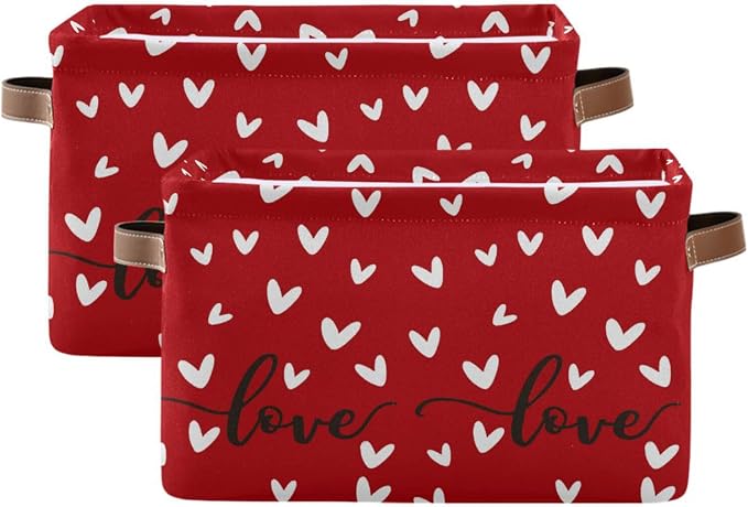 Red White Black Love Heart Storage Basket Fabric Kitchen Baskets Happy Valentine's Mother's Day Open Home Storage Bins Boxes Foldable Organizer Bag Cloth Toy Book Shelf Closet Baskets 16×12×8 Inches