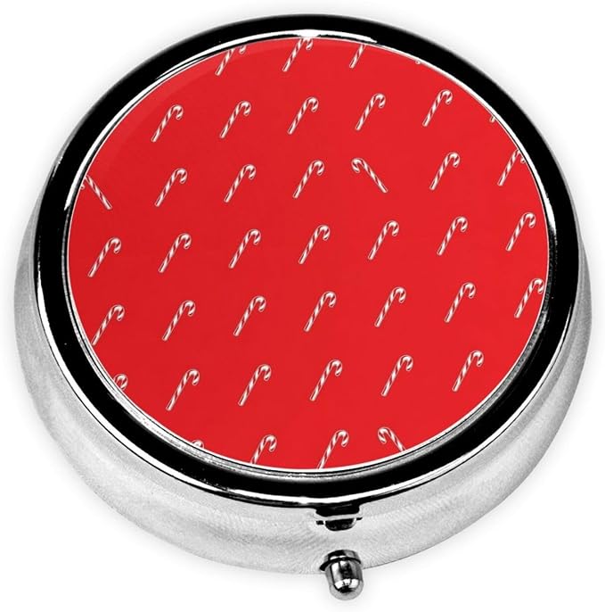 Round Pill Container, 3-Compartment Mini Organizer, Sturdy Metal Case for Medicine, Travel Pill Holder Purse Pocket Essential, Candy Cane Christmas Red