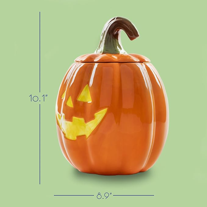 Dolomite Ceramic 10.5 x 7.9 Halloween Cookie & Candy Jar with Airtight Lid: Perfect for Kitchen Canisters, Pet Treat Containers & Fall Decorative Candy Dish, Pumpkin Jack-O-Lantern