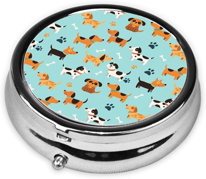 Mini Pill Organizer, Cute White Brown Dogs Round Compact Dispenser, Portable Holder for Fish Oil, Travel Pill Box Purse Use for Students