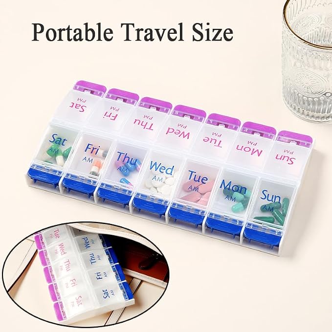 Daily Pill Case Organizer, 7-Day Weekly Medicine Planner Organizer | AM PM, Large Tray 14-Compartment Meds Box Container Pill Holder for Medication, Vitamin, Supplement, Fish Oil, Purple + Blue