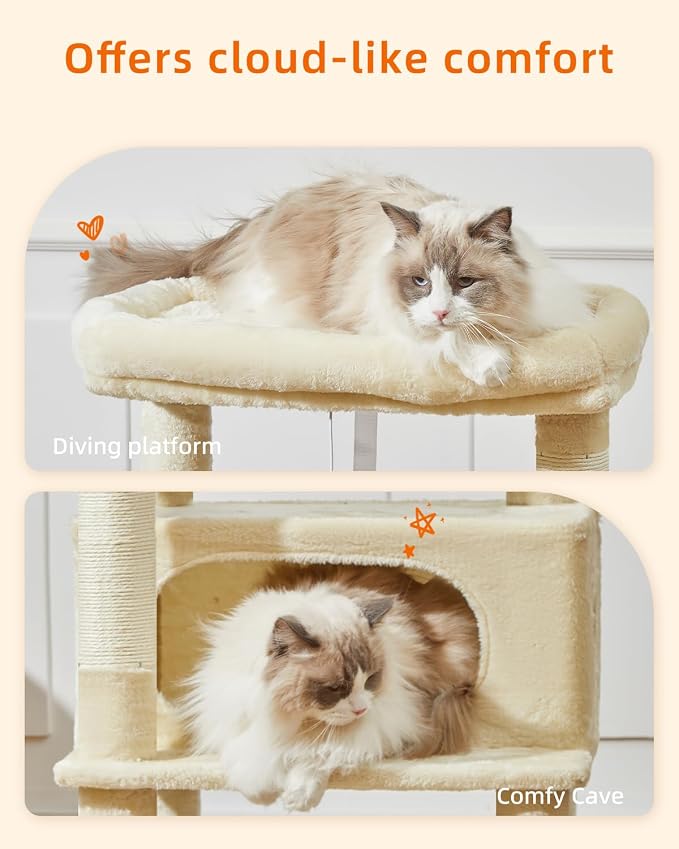 Taoqimiao Cat Tree, 49In Cat Tower for Indoor Cats Large Adult | 2 Luxurious Cat Condos, Thick Padded Top Perch, Adjustable Hanging Baskets, 5 Scratching Sisal Posts, Beige MS029LM