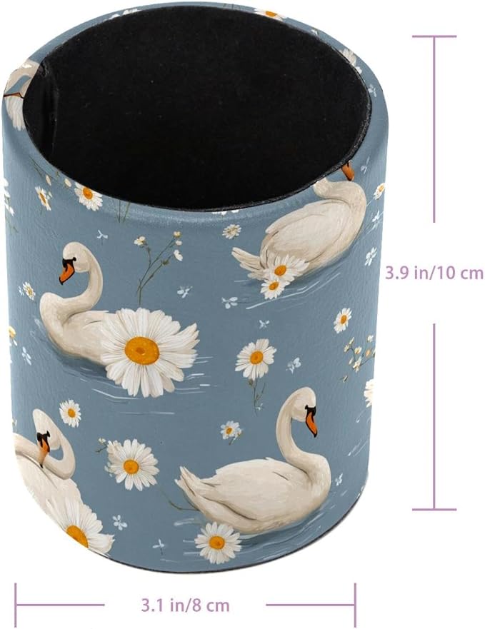 Faux Leather Pen Holder for Desk, Pencil Organizer Geese and Daisies Pen Cup Desk Decor Makeup Brush Holder Storage for Office Home