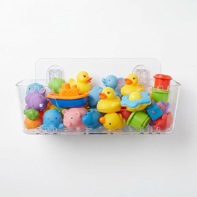 Bathtub Toy Storage, Clear Wall-Mounted Bath Toy Holder, No-Drill | 2 Adhesive Backplates Included, BPA-Free PET, Fast-Drain Design, Detachable, 13 lb Load Capacity