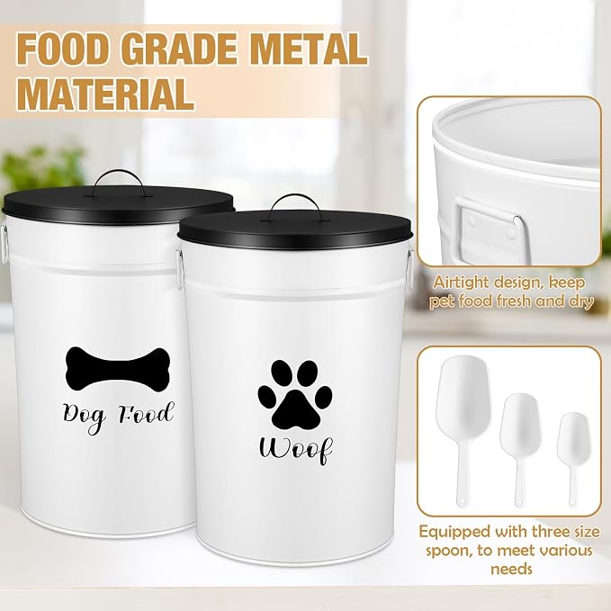 DoubleFill Extra Large 30 lb Metal Dog Food Storage Containers, White | Airtight Dog Treat Snack Jars with Lids and Spoon, Farmhouse Style Big Pet Cookie Storage Bin for Kitchen Counter, Set of 2