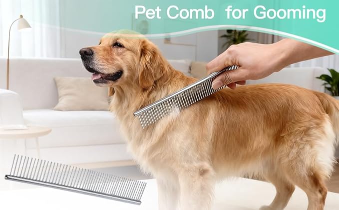 Dog Comb for Grooming Matting, ddoutot Cat Domb with Rounded Ends Stainless Steel Teeth, Metal Comb for Dogs-Long and Short Haired such as Greyhound Poodle Doodle and Pet Cat, 7.4"/Sliver