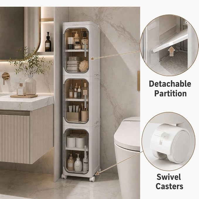 Narrow Slim Bathroom Storage Cabinet, 2 Tier with Wheels, Foldable, White | Tools Free, Adjustable Shelves,Lockable Wheels, Magnetic Door, PET and ABS, Storage for Narrow Spaces