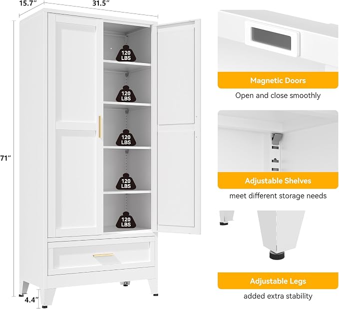 YAUWOH 71''Tall Kitchen Pantry Cabinet with Drawer,5-Tiers Metal Pantry Storage Cabinet with 4 Adjustable Shelves and 2 Barn Doors, Freestanding Farmhouse Food Cupboard for Dining Room (1PC,White)