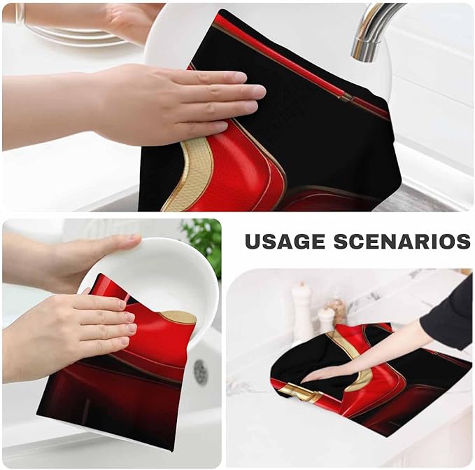 Modern Fashion Women Waffle Kitchen Dish Cloths Black Red High Heels Big Red Shoe Lipstick Ultra Soft Absorbent Quick Drying Dish Towels 16 X 24 Inches Set of 2