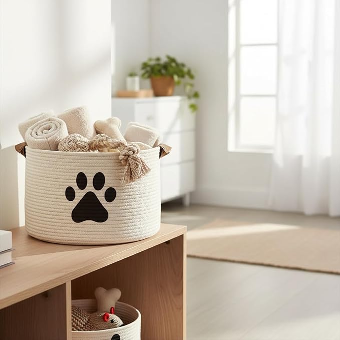 Morezi Dog toy bin pet cat toy box baskets in large suff storage - Perfect for collect toys, grooming stuff, closthing, diapers for Living Room, Playroom, Closet, Home - Beige