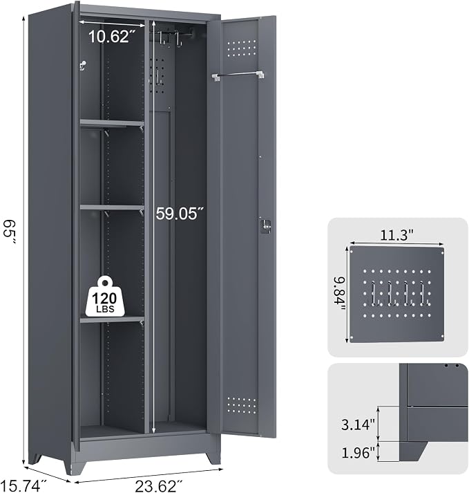 65''H Garage Storage Cabinets, Metal Locking Storage Cabinet with Doors and Shelves, Utility Closet Cabinet with Hanging Rod, Cleaning Storage for Kitchen, Office, Garage