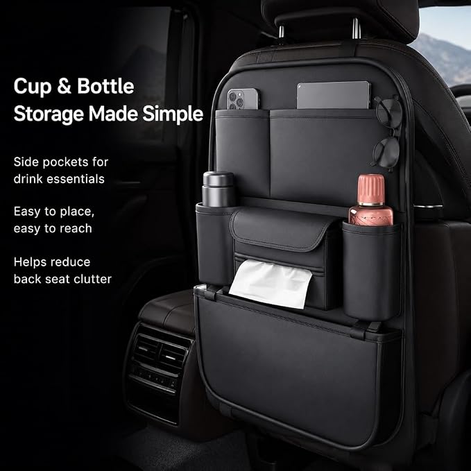 Leather Car Seat Organizer for Cars, SUV & Truck - Back Seat Headrest Storage Organizer with 6 Pockets, Large Capacity Waterproof Car Organizer Pocket for Phone, Bottle, Tissue, Toys