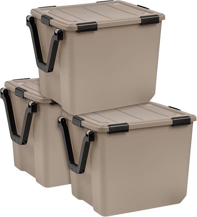 IRIS USA 3-Pack 106 Qt Storage Bins with Gasket Lids, Tan | WeatherPro seal helps protect bulky items for moving, garage, attic and basement storage
