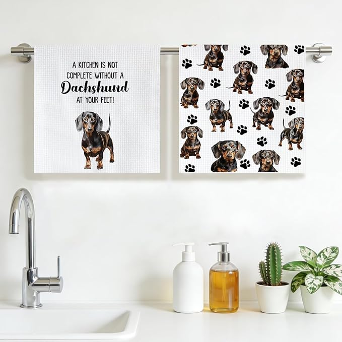 Dachshund Waffle Weave Kitchen Towels, Quick Dry Multipurpose Hand Towels for Bathroom, Absorbent Reusable Cloth Tea Dish Towels for Home Decor, Dog Lover Gift Towel Set of 2