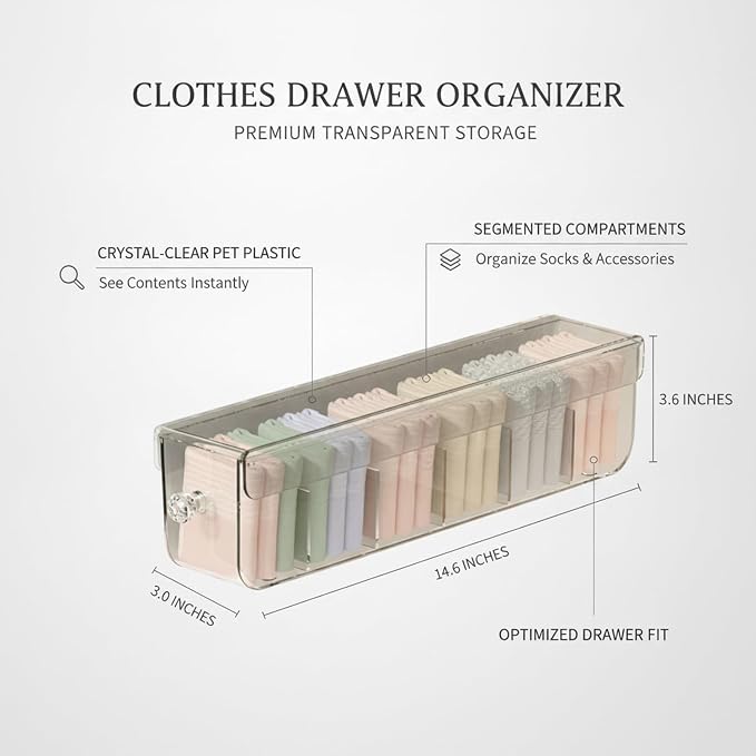 Clear PET Plastic Drawer Organizer for Socks & Accessories, Transparent Storage Box with Compartments, 14.6 x 3.0 x 3.6 Inches