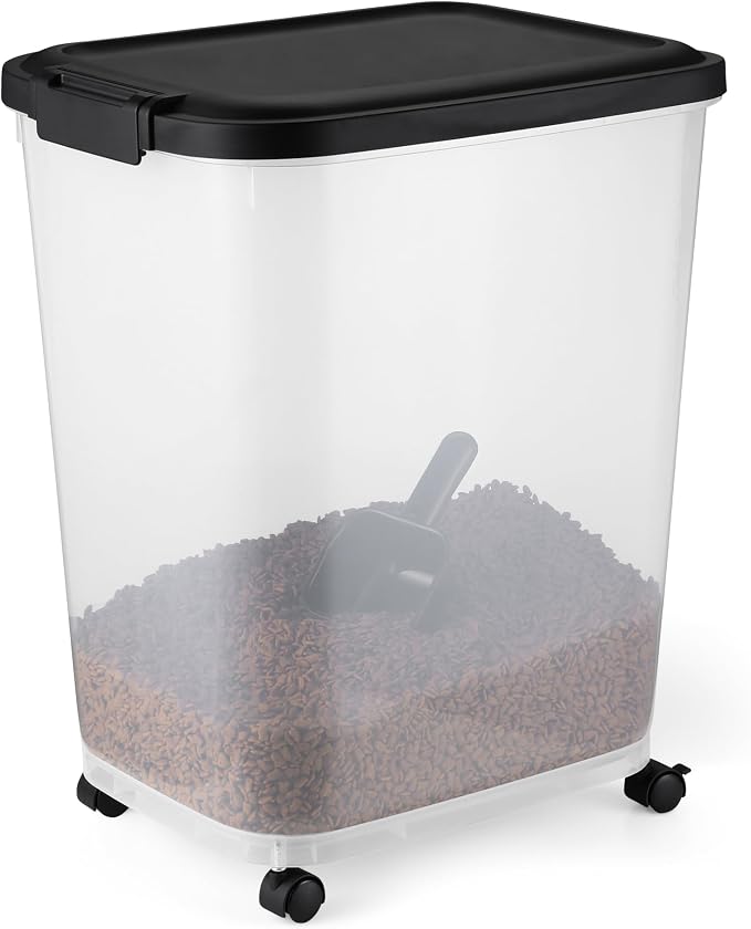 Amazon Basics Pet Food Storage Container with Rolling Wheels, BPA-Free, Detachable Scoop, 50lbs Capacity