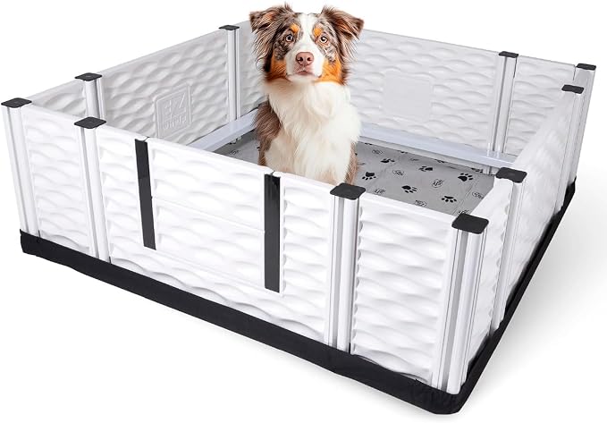 EZclassic Large Dog Whelping Box with Rails, 48x48x18 in, Gray Pad | Large 48x48 whelping box with puppy safety rails, waterproof gray pad, sturdy easy-clean build, and portable tool-free setup