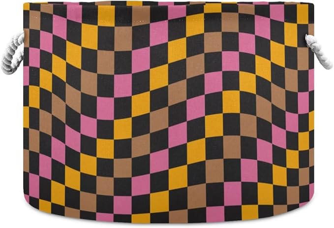 Wavy Checkered Print Collapsible Round Storage Basket with Handles | Colorful Retro Plaid Large Laundry Baskets Hamper, Clothes Organizer Bin for Bedroom Living Room Decor, 20x 20x 14 Inches