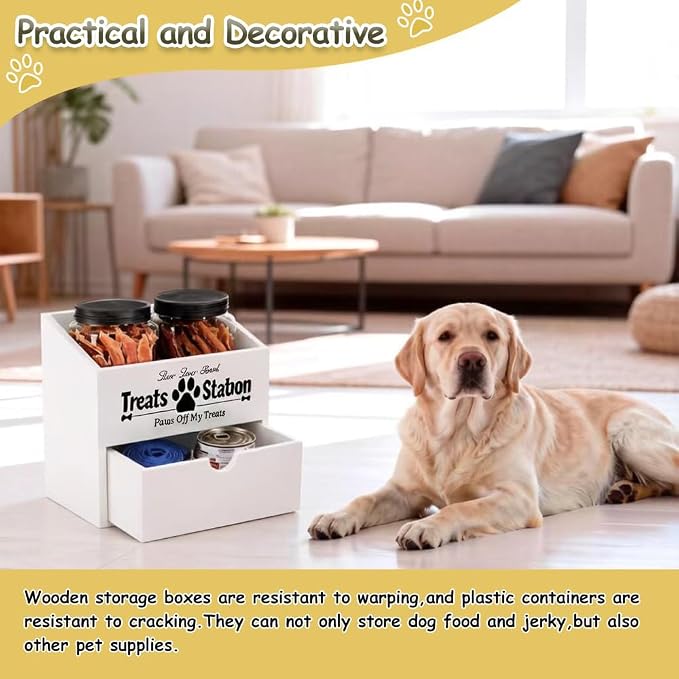 Pet Food Storage Container with Drawer, Wooden Dog Treat Container | White Pet Food Storage with 2 Plastic Dog Treat Jars for Dog and Cat, Dual Desk & Wall Mount Design