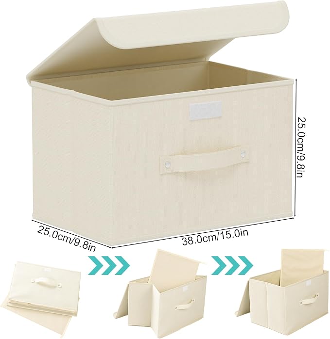 Cloth Storage Baskets with Handles,Beige 15x9.8x9.8in,5 Pack | Storage Boxes with Flip-Top Lids,Washable PP Panel Cube Drawer Organizers,Collapsible Underwear Divider Bins for Home