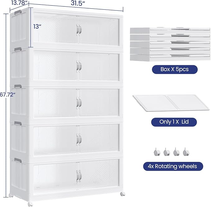 200GAL Plastic Storage Bins with Lid, 800QT Extra Large Stackable Closet Organizers and Storage, Collapsible Storage Boxes with Wheels, Folding Cabinet for Home Kitchen Office, 5Pack White
