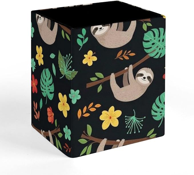 Pen Organizer Pencil Holder, Makeup Brush Organizer Pu Leather Desktop Holder Box Floral Flowers Cute Branch Sloth Desk Decor Accessories