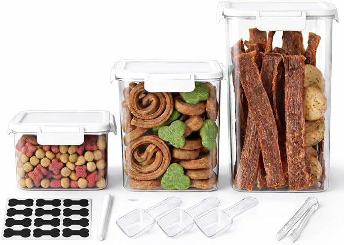 Airtight Dog Treat Container Set of 3, Pet Food Storage Bin for Dog Cat, Plastic Dogs Treat Organizer for Kitchen Counter, Dog Cookie Jar-Keep Kibble Fresh Crispy-BPA free(Up to 8Lb/10QT)