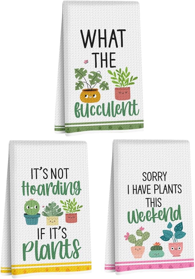 3 Pcs Funny Kitchen Towels, Plant Lover Gifts for Women Gardener Mom, Succulent Cactus Plant Gifts Dish Towel, Leaves Waffle Weave Hand Tea Towels for Kitchen Home Farmhouse Decor-24x14 Inch
