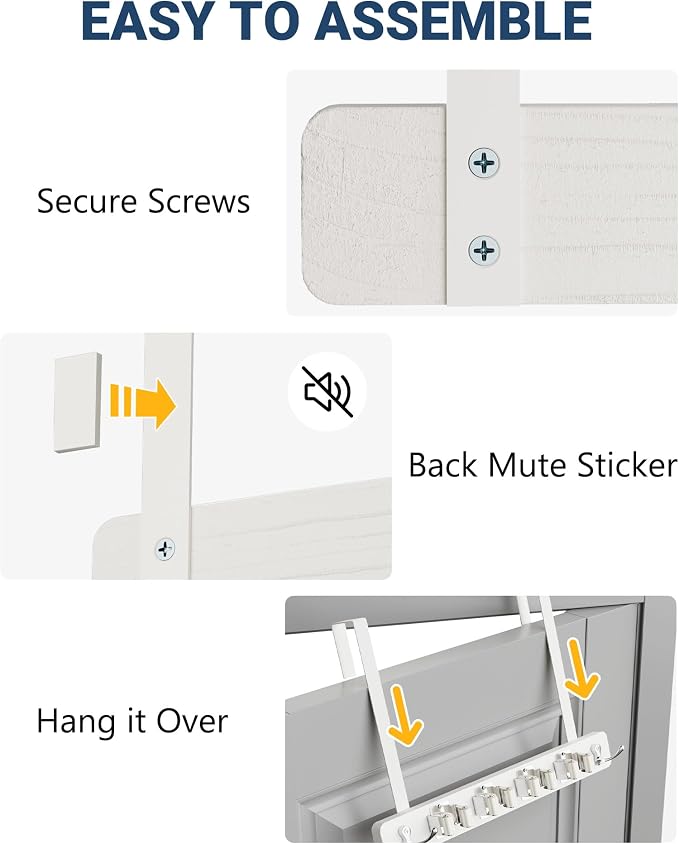 Lorbro Broom Holder Door Mount, Wood Over the Door Broom and Mop Holder | 4 Slots 4 Hooks, No Drill Setup, EVA Protection Pads, Secure Grip, Laundry Garage Closet Kitchen Use, White