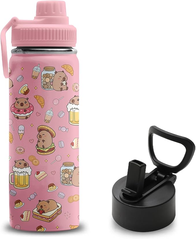 Capybara Gifts for Girls Capybara Lovers, 18 oz Stainless Steel Water Bottles with 2 Lids, Insulated Water Bottle with Straw, Cute Water Bottles for School Sports Outdoor Travel, Pink Cups Gifts