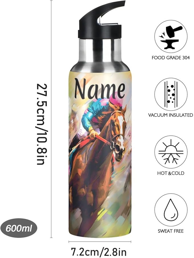Custom Name Horse Racing Water Bottle with Straw Lid Kids Insulated Stainless Steel Water Flask Sports, 20 Oz Hot Cold