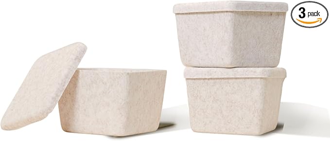 SortJoy The Sculpted Bin - Petite with Lid Set of 3 Storage Bin Felt Storage Basket Drawer Organizer Clothes Closet Cabinet Bathroom, Pantry, Kitchen Bin: 6.3" x 6.3" x 4.5" (Stone, Oatmeal)