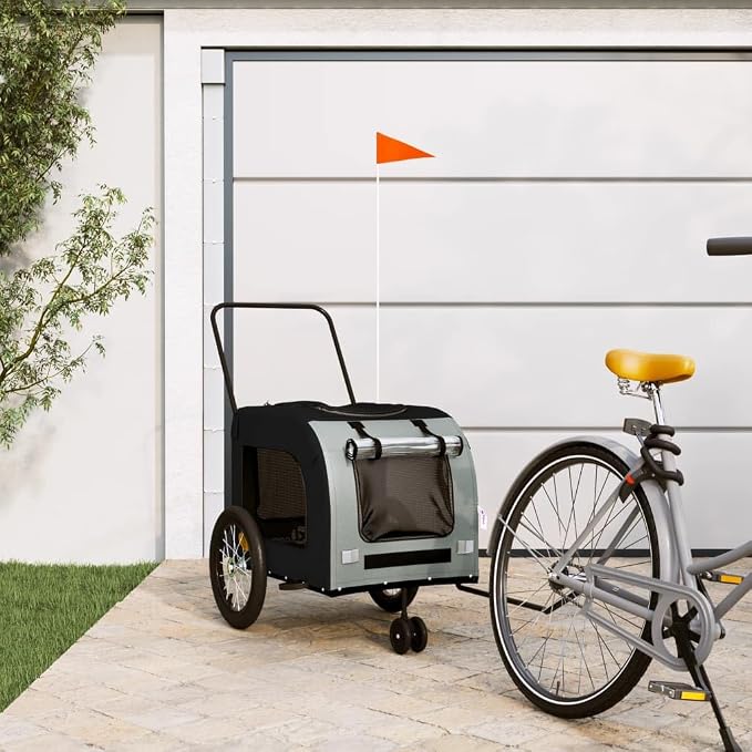 Pet Bike Trailer Orange and Gray Oxford Fabric Dog Bicycle Trailer with Iron Frame, 3-Wheel Pet Cargo Carrier for Small Dogs and Groceries, Includes Safety Flag and Reflectors