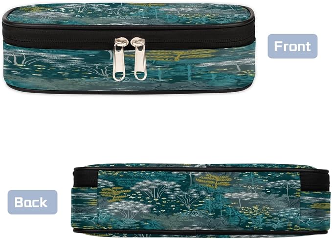 Pencil Case Pouch, Teal Green Plant Pattern Large Pen Bag with Zipper, Portable Zipper Pencil Pouch Organizer for Student Teen Girls Boys