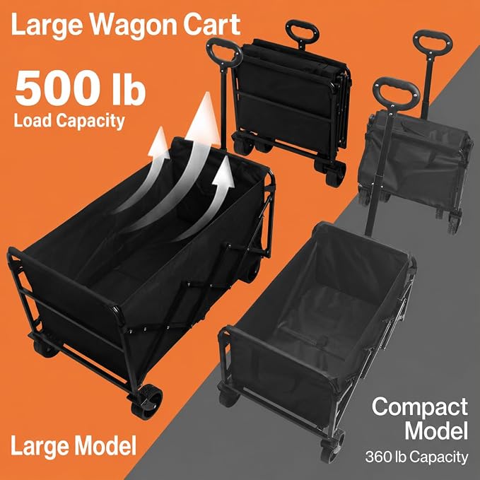 Wagons Carts Foldable, 500 lb 220L Collapsible Wagon with Brakes | Heavy folding wagon for groceries, camping, beach, outdoor hauling; large storage, brake control and compact folding design